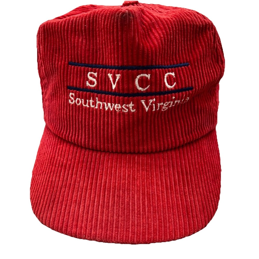 Vintage Trucker Hat Cap Snap Back Red Corduroy Southwest Virginia Collage SVCC